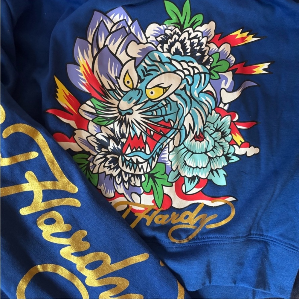 Ed Hardy Royal Blue Tiger Graphic Sweatshirt with Gold Script
